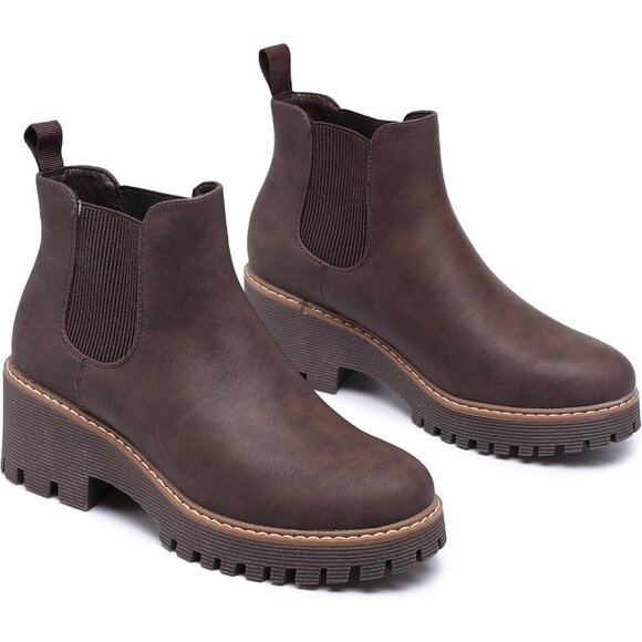 Womens Brown Faux Leather Low Wedge Heel Slip On Chunky Platform Ankle Boots - Picture 3 of 7